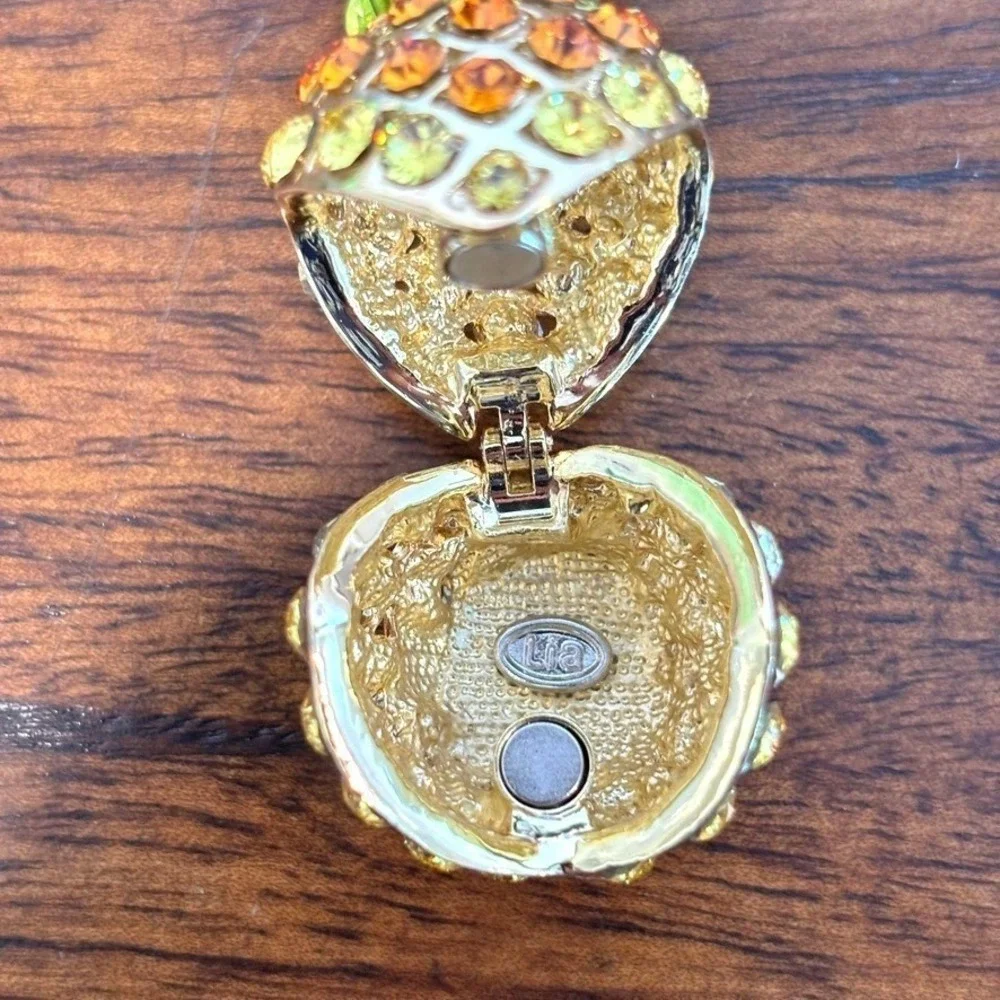 Lia Miniature Jeweled Pineapple TrinketBox Vintage Enamel Crystal Tropical Gift